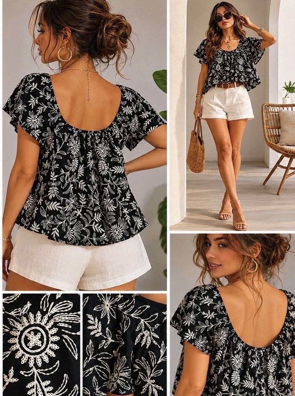 Anthropologie Embroidered Floral Peasant Top Sz S Black White Cotton Boho
